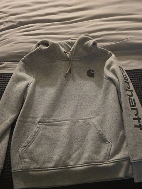 Carhartt Womens Heather Grey Pullover Hoodie with Logo Sleeve